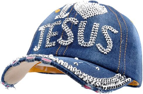 Elonmo Bling Rhinestone Hats,I Love Jesus Design Womens Baseball Cap Golf Hat Jeans Wash Denim Adjustable in Kuwait