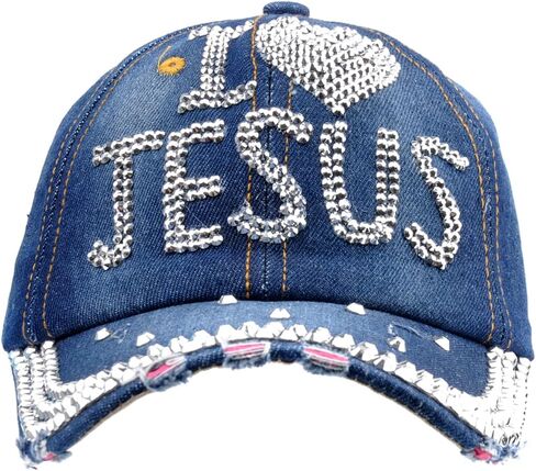 Elonmo Bling Rhinestone Hats,I Love Jesus Design Womens Baseball Cap Golf Hat Jeans Wash Denim Adjustable in Kuwait