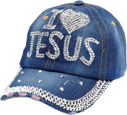 Elonmo Bling Rhinestone Hats,I Love Jesus Design Womens Baseball Cap Golf Hat Jeans Wash Denim Adjustable in Kuwait