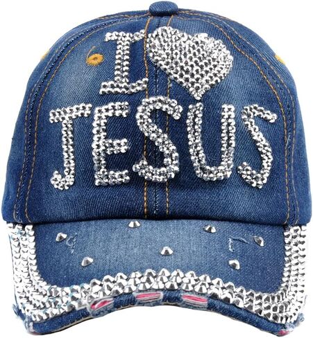 Elonmo Bling Rhinestone Hats,I Love Jesus Design Womens Baseball Cap Golf Hat Jeans Wash Denim Adjustable in Kuwait