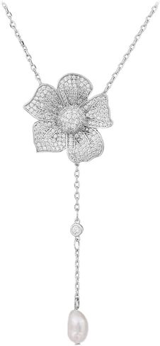 Crystal Flower Drop Y Necklace for Women Girls Cubic Zirconia Diamond Shell Pearl Charms Pendant Choker Chain Adjustable Fashion Shiny Wedding Birthday Anniversary Jewelry Gift Box in Saudi Arabia