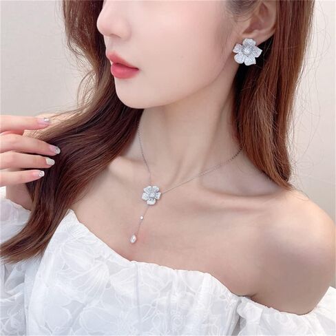 Crystal Flower Drop Y Necklace for Women Girls Cubic Zirconia Diamond Shell Pearl Charms Pendant Choker Chain Adjustable Fashion Shiny Wedding Birthday Anniversary Jewelry Gift Box in Saudi Arabia