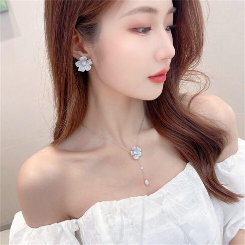 Crystal Flower Drop Y Necklace for Women Girls Cubic Zirconia Diamond Shell Pearl Charms Pendant Choker Chain Adjustable Fashion Shiny Wedding Birthday Anniversary Jewelry Gift Box in Saudi Arabia