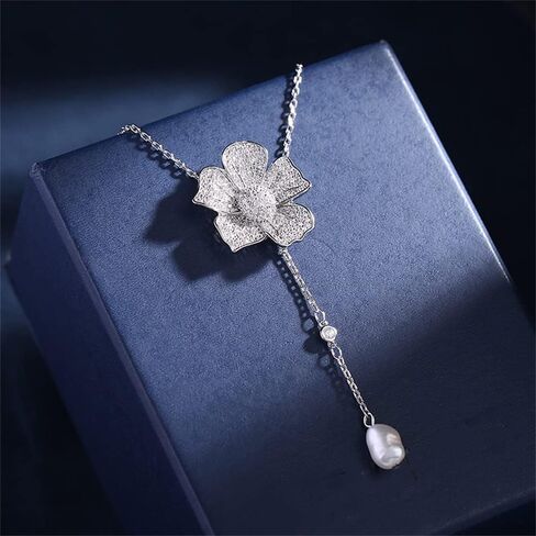 Crystal Flower Drop Y Necklace for Women Girls Cubic Zirconia Diamond Shell Pearl Charms Pendant Choker Chain Adjustable Fashion Shiny Wedding Birthday Anniversary Jewelry Gift Box in Saudi Arabia