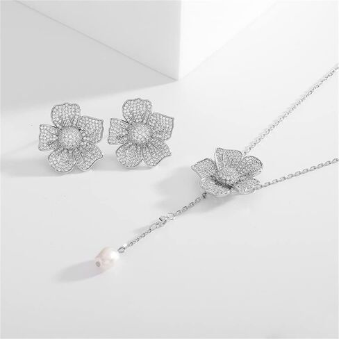 Crystal Flower Drop Y Necklace for Women Girls Cubic Zirconia Diamond Shell Pearl Charms Pendant Choker Chain Adjustable Fashion Shiny Wedding Birthday Anniversary Jewelry Gift Box in Saudi Arabia