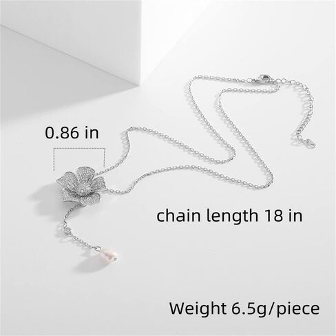 Crystal Flower Drop Y Necklace for Women Girls Cubic Zirconia Diamond Shell Pearl Charms Pendant Choker Chain Adjustable Fashion Shiny Wedding Birthday Anniversary Jewelry Gift Box in Saudi Arabia