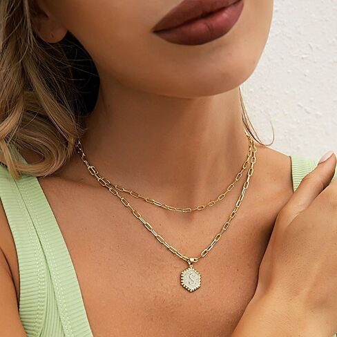 قلادات jendear الأولية للنساء العصرية، قلادة أنيقة بطبقات مطلية بالذهب الحقيقي عيار 14 قيراط، قلادة على شكل حرف زركونيا مكعب، هدية مجوهرات in Kuwait