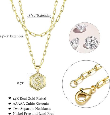 قلادات jendear الأولية للنساء العصرية، قلادة أنيقة بطبقات مطلية بالذهب الحقيقي عيار 14 قيراط، قلادة على شكل حرف زركونيا مكعب، هدية مجوهرات in Kuwait