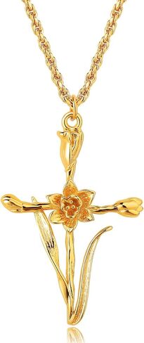 MEVECCO Gold Birth Flower Cross Necklace for Women 12 Month Faith Pendent 18K Gold Plated 2MM Twist Rope Chain Personalized Religious Birthday Jewelry for Her in Saudi Arabia