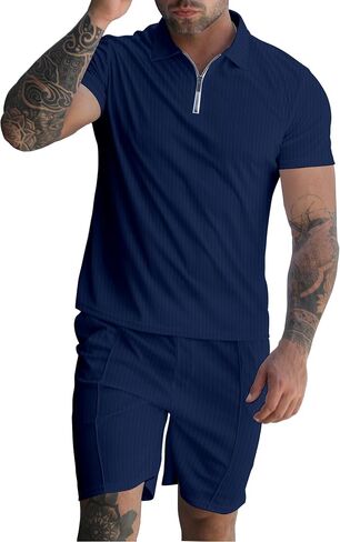 YAOGRO Polo Shirts Shorts Outfits Men's 2 Piece Sets Beach Clothes Summer Tracksuits Short Sleeve Zip Suit for Casual Party in Kuwait