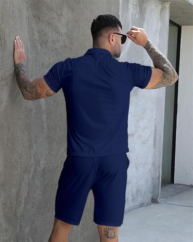 YAOGRO Polo Shirts Shorts Outfits Men's 2 Piece Sets Beach Clothes Summer Tracksuits Short Sleeve Zip Suit for Casual Party in Kuwait