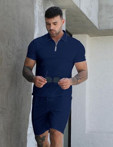 YAOGRO Polo Shirts Shorts Outfits Men's 2 Piece Sets Beach Clothes Summer Tracksuits Short Sleeve Zip Suit for Casual Party in Kuwait