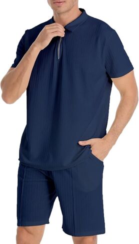 YAOGRO Polo Shirts Shorts Outfits Men's 2 Piece Sets Beach Clothes Summer Tracksuits Short Sleeve Zip Suit for Casual Party in Kuwait