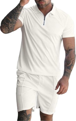 YAOGRO Polo Shirts Shorts Outfits Men's 2 Piece Sets Beach Clothes Summer Tracksuits Short Sleeve Zip Suit for Casual Party in Kuwait