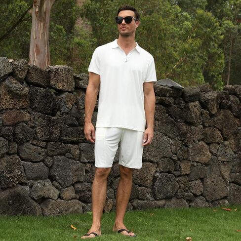 YAOGRO Polo Shirts Shorts Outfits Men's 2 Piece Sets Beach Clothes Summer Tracksuits Short Sleeve Zip Suit for Casual Party in Kuwait