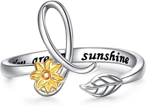 DAOCHONG Sterling Silver Gold Tone Sunflower Initial 26 Letter Script Name Alphabet A to Z Resizable Ring for Size 5-9 in Kuwait