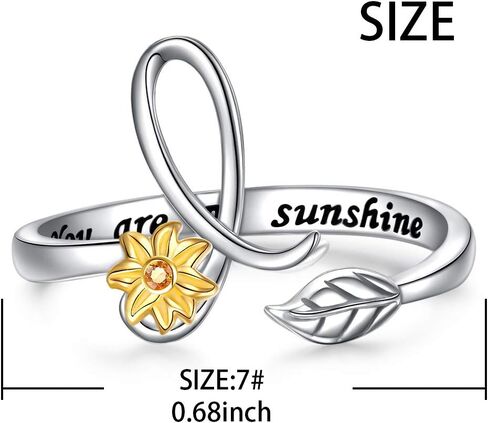 DAOCHONG Sterling Silver Gold Tone Sunflower Initial 26 Letter Script Name Alphabet A to Z Resizable Ring for Size 5-9 in Kuwait