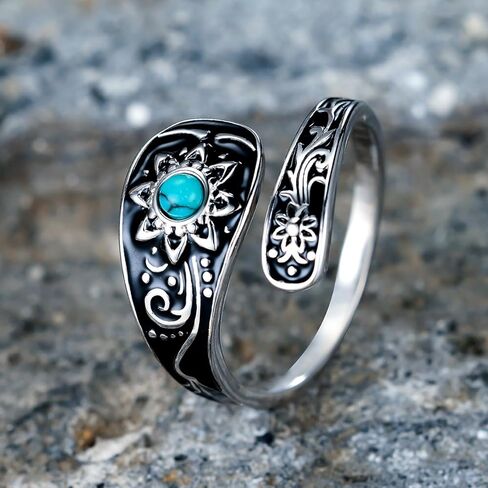 Angol Sunflower Spoon Ring for Women 925 Sterling Silver Turquoise Adjustable Ring Victorian Vintage Boho Flower Thumb Rings Jewelry Gift in Kuwait