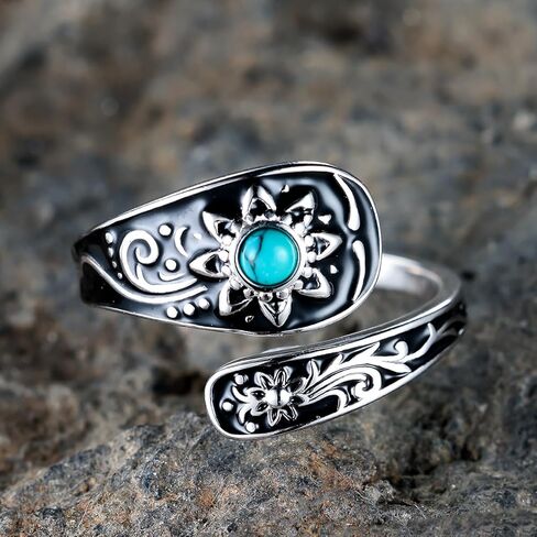 Angol Sunflower Spoon Ring for Women 925 Sterling Silver Turquoise Adjustable Ring Victorian Vintage Boho Flower Thumb Rings Jewelry Gift in Kuwait