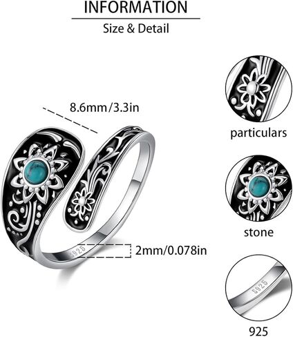 Angol Sunflower Spoon Ring for Women 925 Sterling Silver Turquoise Adjustable Ring Victorian Vintage Boho Flower Thumb Rings Jewelry Gift in Kuwait