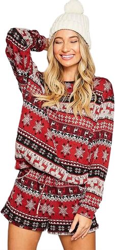 UNIQUEONE Womens Christmas Pajamas Sets Holiday 2 Piece Pajama Set Long Sleeve Pullover and Shorts Reindeer Sleepwear Set in Saudi Arabia
