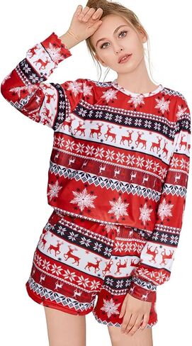 UNIQUEONE Womens Christmas Pajamas Sets Holiday 2 Piece Pajama Set Long Sleeve Pullover and Shorts Reindeer Sleepwear Set in Saudi Arabia