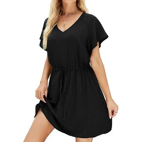 LIOFOER Women's Casual Swimsuit Cover Up V-Neck Bathing Suit Bikini Beachwear Coverups Flowy Ruffle Sleeve Beach Dress in Kuwait