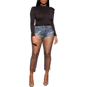 Women's Mesh Rhinestone Pants See Through Fishnet Leggings Hollow Out Beach Bikini Swimsuit Cover Up Sexy Trousers Bottoms