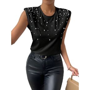 GORGLITTER Women's Pearls Beaded Elegant Shirts Casual Sleeveless Shoulder Pad Tee Top Blouse T-Shirt