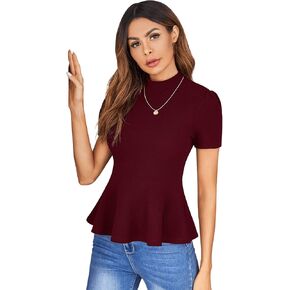 SweatyRocks Women's Elegant Short Sleeve Stand Collar Stretch Peplum Blouse Top