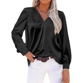 Beyove Satin Blouses for Women Button Down Silky Shirts V Neck Roll Up Long Sleeve Casual Loose Office Work Tops in Kuwait