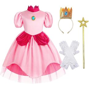 AmzMach Princess Peach Costume for Girls Classic Pink Dress Cosplay Halloween Party Dress Up Kids Birthday Outfit 3-12 Years
