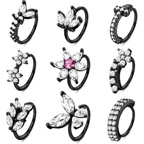 ORAZIO 9Pcs 20G Nose Rings Hoops For Women Surgical Steel Paved CZ Cartilage Earring Hoop Cute Butterfly Flower Nose Piercing Jewelry Silver Gold Black Rose Gold Nose Ring Hoop