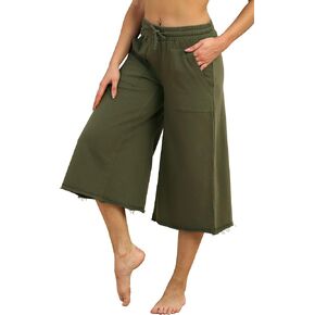 icyzone Culottes Capri Pants for Women - Elastic Waist Wide Leg Joggers Casual Lounge Cotton Sweatpants with Pockets in Kuwait