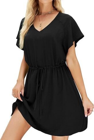 LIOFOER Women's Casual Swimsuit Cover Up V-Neck Bathing Suit Bikini Beachwear Coverups Flowy Ruffle Sleeve Beach Dress in Kuwait
