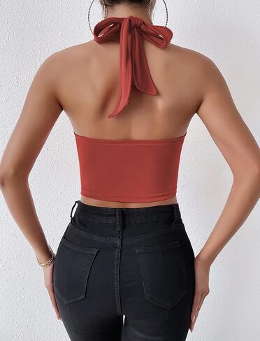 Aranmei Women’s Sexy Deep V Halter Crop Tops Plunge Sleeveless Slim Backless Hanky Cropped Tank Top in Saudi Arabia