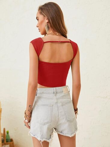 تيشيرت نسائي من Milumia مصنوع من نسيج مضلع بدون ظهر ورقبة مربعة بدون أكمام in Kuwait