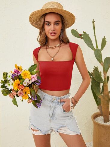 تيشيرت نسائي من Milumia مصنوع من نسيج مضلع بدون ظهر ورقبة مربعة بدون أكمام in Kuwait