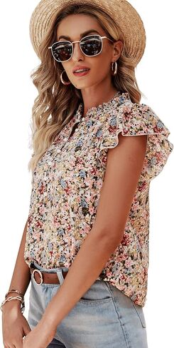SweatyRocks Women's Casual V Neck Short Sleeve Frill Trim Blouse Shirt Top in Saudi Arabia