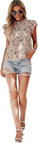 SweatyRocks Women's Casual V Neck Short Sleeve Frill Trim Blouse Shirt Top in Saudi Arabia