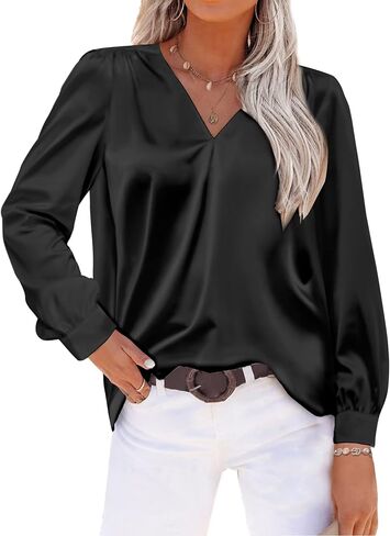 Beyove Satin Blouses for Women Button Down Silky Shirts V Neck Roll Up Long Sleeve Casual Loose Office Work Tops in Kuwait