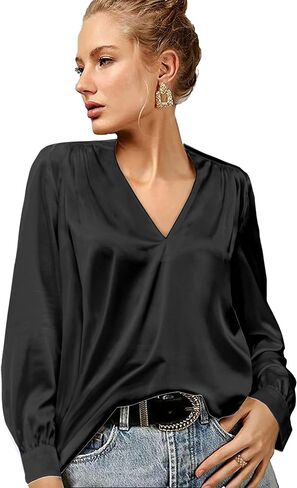 Beyove Satin Blouses for Women Button Down Silky Shirts V Neck Roll Up Long Sleeve Casual Loose Office Work Tops in Kuwait