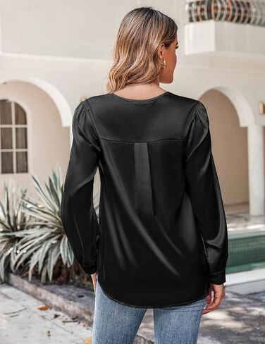 Beyove Satin Blouses for Women Button Down Silky Shirts V Neck Roll Up Long Sleeve Casual Loose Office Work Tops in Kuwait
