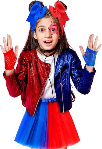 Newcotte Set of 4 Halloween Clown Costume for Girls Include Tutu Skirt with Hair Bow Fishnet Gloves and Striped Soccer Socks in Saudi Arabia