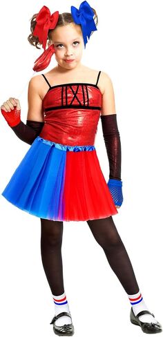 Newcotte Set of 4 Halloween Clown Costume for Girls Include Tutu Skirt with Hair Bow Fishnet Gloves and Striped Soccer Socks in Saudi Arabia