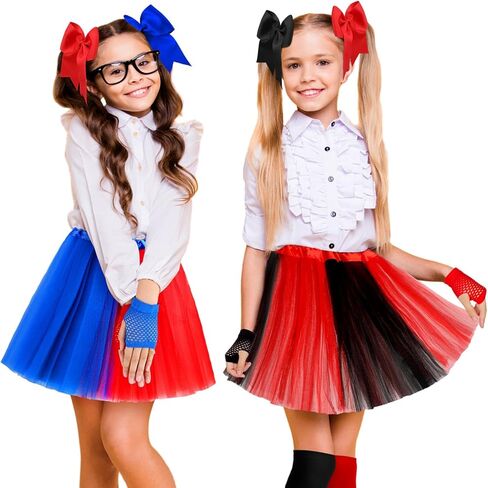 Newcotte Set of 4 Halloween Clown Costume for Girls Include Tutu Skirt with Hair Bow Fishnet Gloves and Striped Soccer Socks in Saudi Arabia