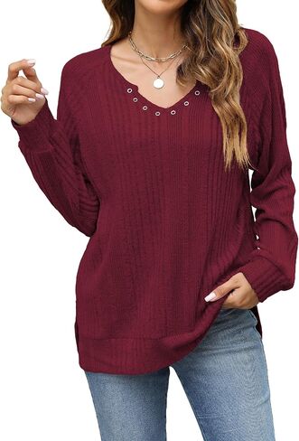 Bosmeer Long Sleeve Shirts for Women V Neck Lightweight Sweaters Loose Fit Tunic Tops in Saudi Arabia