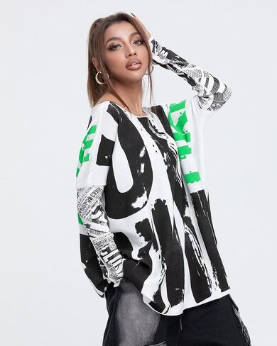 ellazhu Women's Long Sleeve Sweater Cute Letters Painting Off Shoulder Pullover Oversized Shirt GY2757 in Saudi Arabia