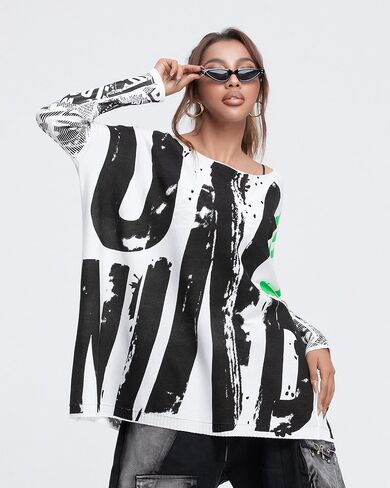 ellazhu Women's Long Sleeve Sweater Cute Letters Painting Off Shoulder Pullover Oversized Shirt GY2757 in Saudi Arabia