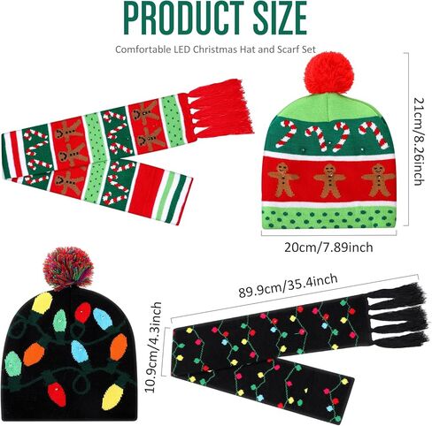4 قطع عيد الميلاد LED تضيء القبعات و تضيء طقم أربطة عنق LED عيد الميلاد قبعة متماسكة قبعة عيد الميلاد وشاح LED وشاح in Kuwait